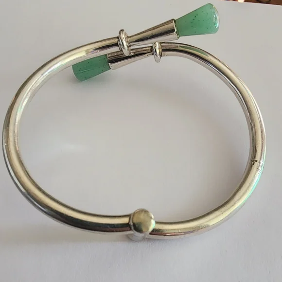 Sterling Silver Hinged bracelet Signed Mexico green Jade jewelry Fine Invest - Picture 6 of 8